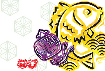 ファンキーな鯛と打ち出の小槌の年賀状(ねずみ年)文字無し