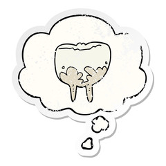 cartoon tooth and thought bubble as a distressed worn sticker