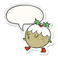 cartoon christmas pudding walking and speech bubble sticker
