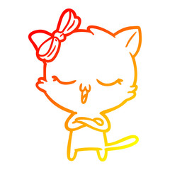 warm gradient line drawing cartoon cat with bow on head