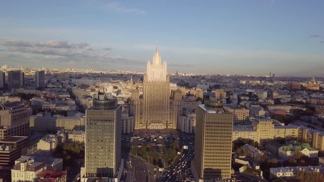 Moscow center MID drone panorama sunset