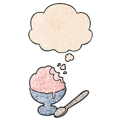 cartoon ice cream dessert and thought bubble in grunge texture pattern style