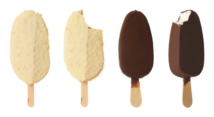 Set of different delicious ice creams on white background