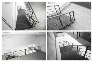 Different views of stone stairs though CCTV camera