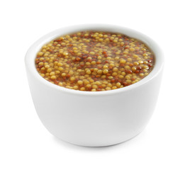 Delicious mustard beans in bowl on white background. Spicy sauce