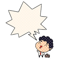 cute cartoon businessman and speech bubble in comic book style