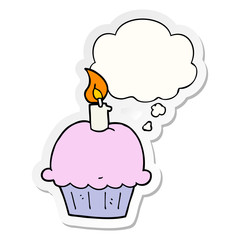 cartoon birthday cupcake and thought bubble as a printed sticker