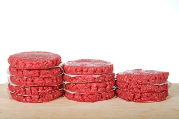 Stacks of raw hamburger meat patties on a wood table with pieces of parchment paper between the burgers to prevent them from sticking. Isolated on white background.