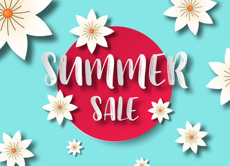 Fototapeta na wymiar Summer sale Concept. Summer background with tropical flowers. Template Vector.