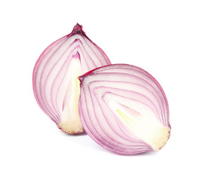 Halves of red onion on white background