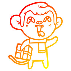 warm gradient line drawing crazy cartoon monkey with christmas present