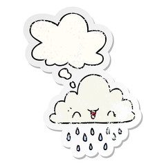 cartoon storm cloud and thought bubble as a distressed worn sticker