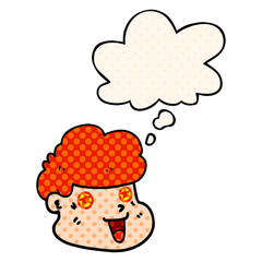 cartoon boy's face and thought bubble in comic book style