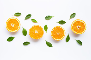 High vitamin C. Fresh orange citrus fruit with leaves isolated on white background.