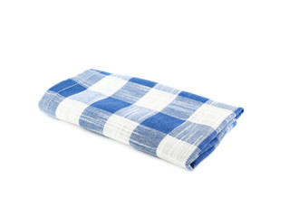 Folded blue checkered kitchen towel on white background