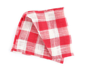 Red checkered kitchen towel on white background, top view