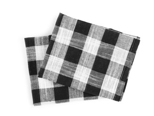 Folded kitchen towels on white background, top view