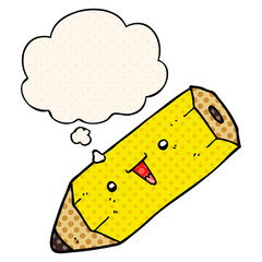 cute cartoon pencil and thought bubble in comic book style