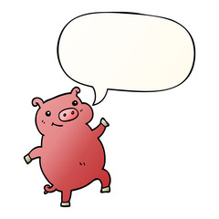 cartoon dancing pig and speech bubble in smooth gradient style