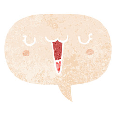 cute happy cartoon face and speech bubble in retro textured style