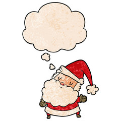 cartoon santa claus and thought bubble in grunge texture pattern style