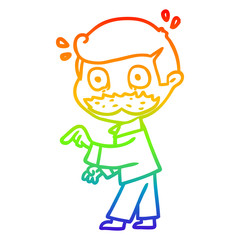 rainbow gradient line drawing cartoon man with mustache making a point