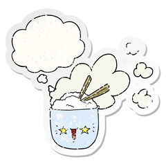 cute cartoon hot rice bowl and thought bubble as a distressed worn sticker