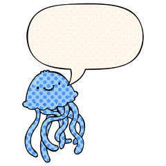cartoon happy jellyfish and speech bubble in comic book style
