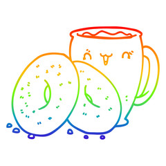 rainbow gradient line drawing cartoon coffee and donuts