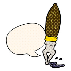 cartoon traditional fountain pen and speech bubble in comic book style
