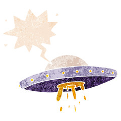 cartoon flying UFO and speech bubble in retro textured style