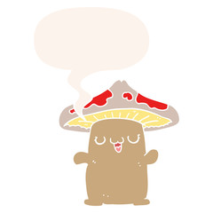 cartoon mushroom creature and speech bubble in retro style