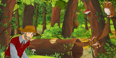 Obraz na płótnie Canvas cartoon scene with happy older man farmer in the forest encountering pair of owls flying - illustration for children