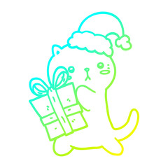 cold gradient line drawing cute cartoon cat carrying christmas present