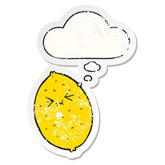 cartoon bitter lemon and thought bubble as a distressed worn sticker