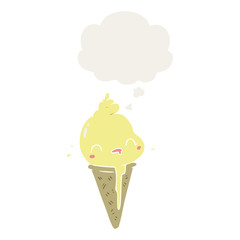 cute cartoon ice cream and thought bubble in retro style