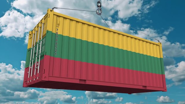 Container with flag of Lithuania. Lithuanian import or export related conceptual 3D animation