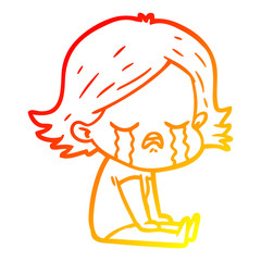 warm gradient line drawing cartoon girl crying sat on floor