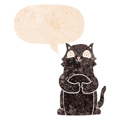 cartoon cat and speech bubble in retro textured style