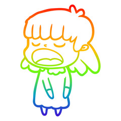 rainbow gradient line drawing cartoon woman talking loudly