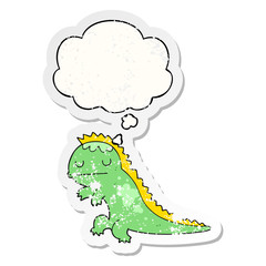 cartoon dinosaur and thought bubble as a distressed worn sticker