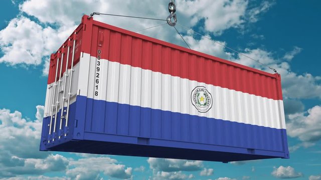 Container with flag of Paraguay. Paraguayan import or export related conceptual 3D animation