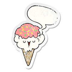cartoon ice cream and speech bubble distressed sticker
