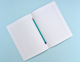 Isolated open blank  notebook with lined papers and green pencil on light blue background.
