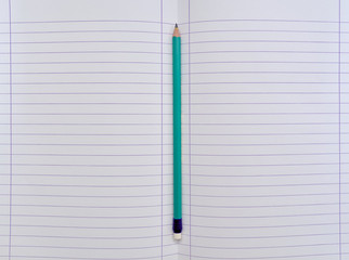 Isolated open blank  notebook with lined papers and green pencil.