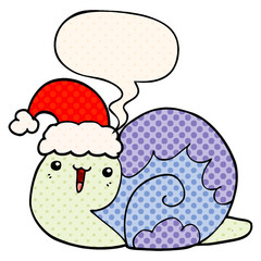 cute cartoon christmas snail and speech bubble in comic book style