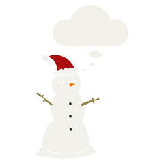 cartoon snowman and thought bubble in retro style