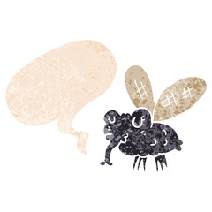 cartoon fly and speech bubble in retro textured style