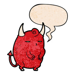 cartoon fat little halloween devil and speech bubble in retro texture style
