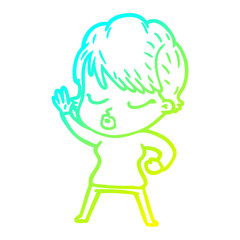 cold gradient line drawing cartoon woman with eyes shut